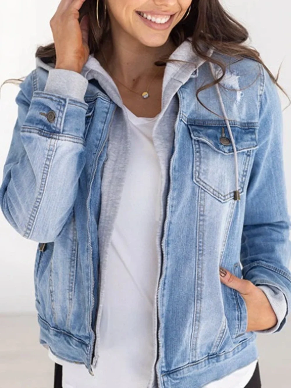 Grace & Lace Distressed denim jacket with removable hood